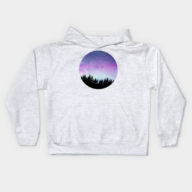 Purple and Blue Galaxy Sky - Watercolour Landscape with Tree Silhouette Kids Hoodie by Flowering Words